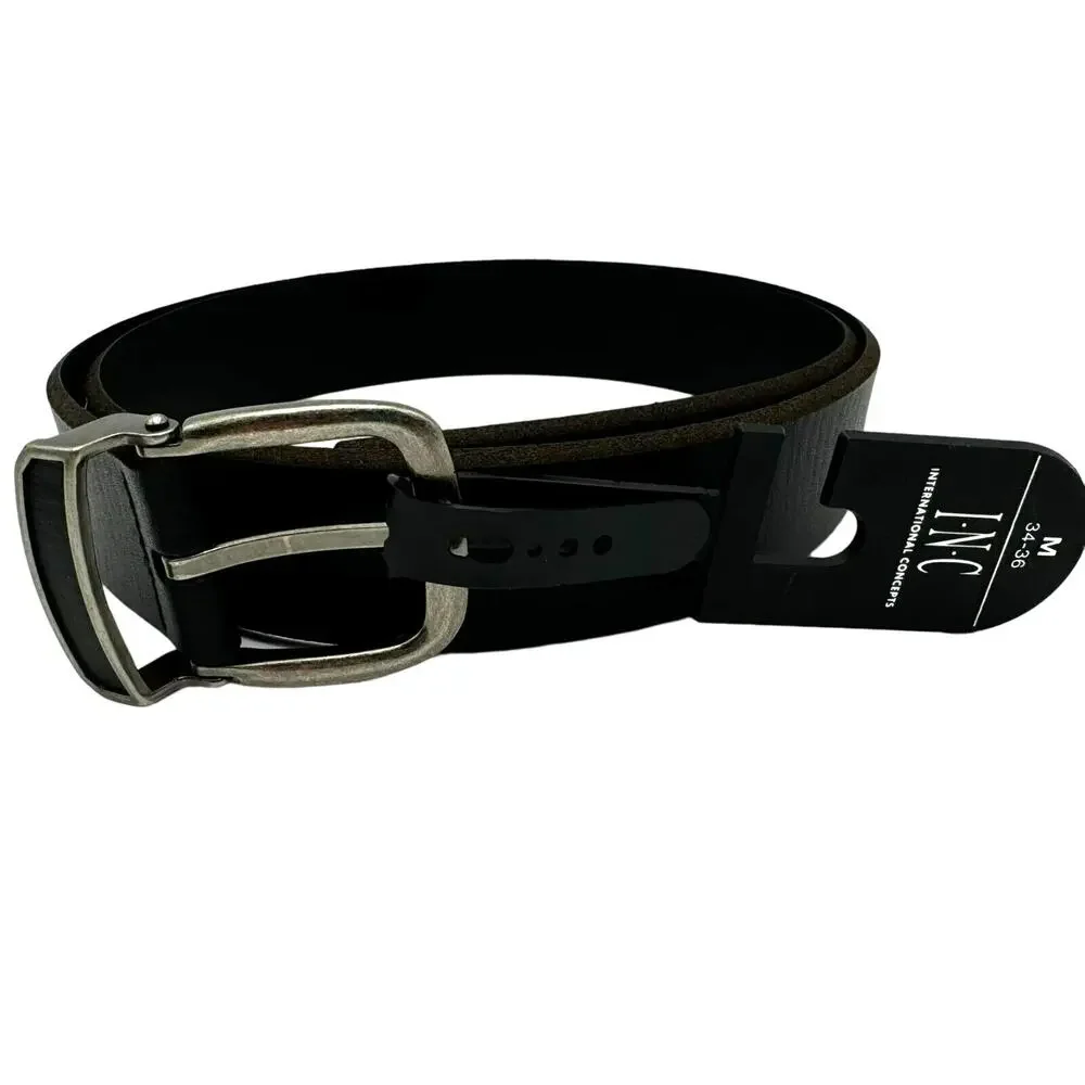 INC | NWT Mens Medium 34-36 Black Genuine Leather Western Silver Buckle Belt NEW